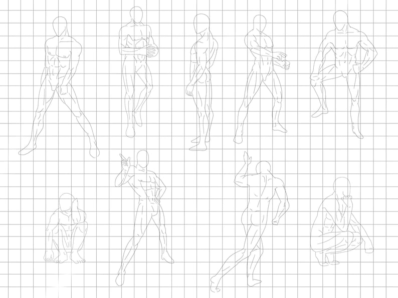 May include: Line drawing of eight male figures in various poses, drawn on a gridded background.