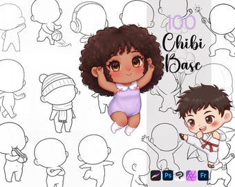 Procreate Chibi Stamps : Chibi Body Pose Cartoon Base ClipStudio Fresco Photoshop Brushes