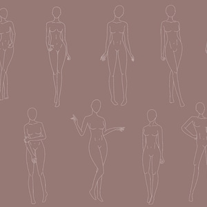May include: Line drawing of ten female figures in various poses on a brown background. The figures are all nude and have no facial features.