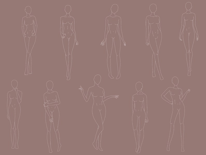 May include: Line drawing of ten female figures in various poses on a brown background. The figures are all nude and have no facial features.