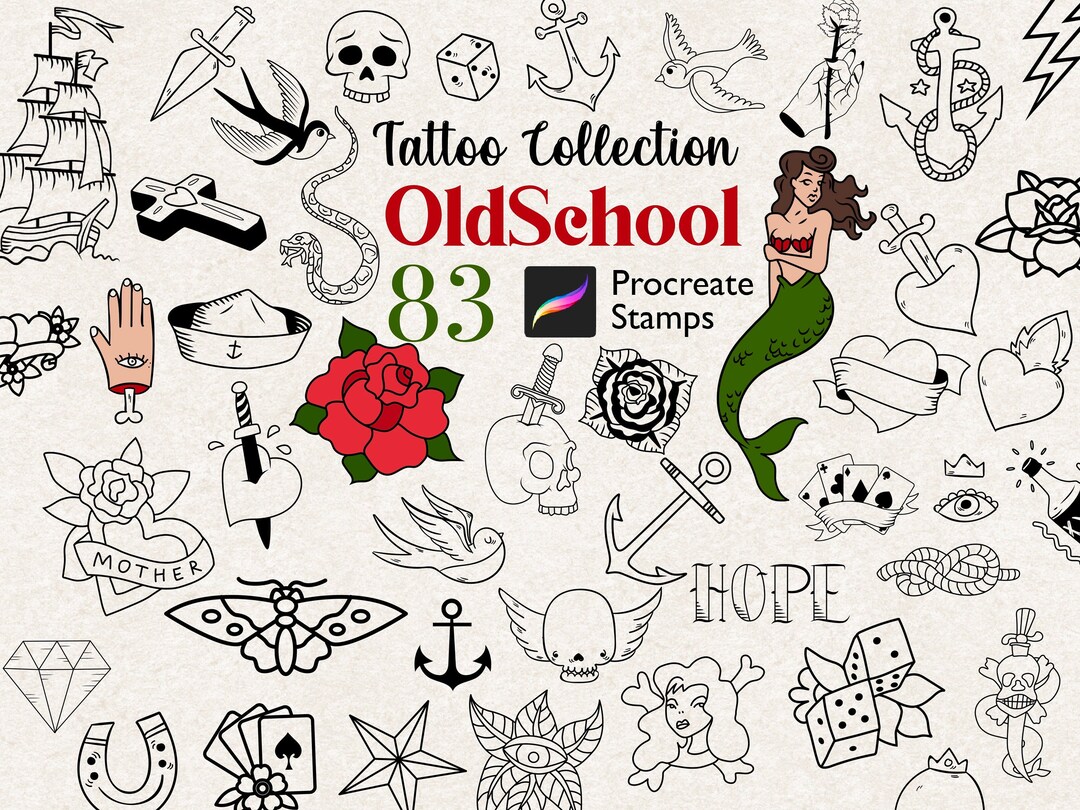 Procreate 83 Old School Stamp Traditional Tattoo Collection Brush Pack ...