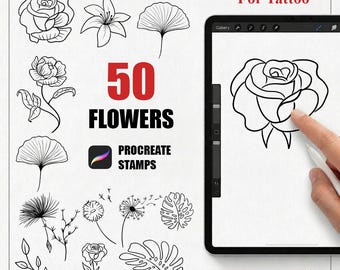May include: A digital collection of 50 flower Procreate stamps for tattoo design, featuring black line art illustrations of roses, lilies, ginkgo leaves, and dandelions displayed on a tablet screen with a stylus, labeled For Tattoo and Procreate App Only.