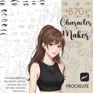 Kit Procreate Anime Creator : Éléments du créateur de personnages Tampons corporels manga Guides du visage Coiffure portrait Yeux Nez Bouche