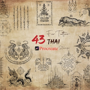 43 Procreate Thailändische Stempel, Traditionelle Tattoo-Stempel, Thailändische Kalligraphie-Stempel, Asiatische Mythologie-Stempel, Alte asiatische Bürsten, Kulturbündel