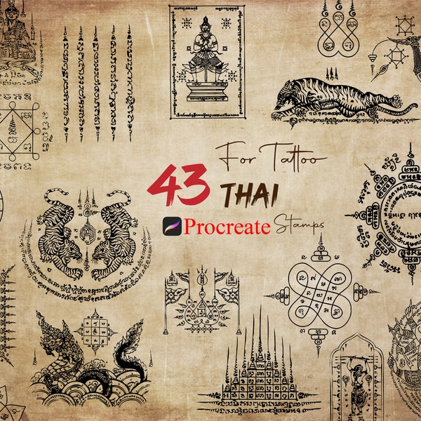 43 Procreate Thai Stamps, Tampons de tatouage traditionnels, Timbre de calligraphie thaïlandaise, Timbres de mythologie asiatique, Pinceaux asiatiques anciens, Bundle culturel