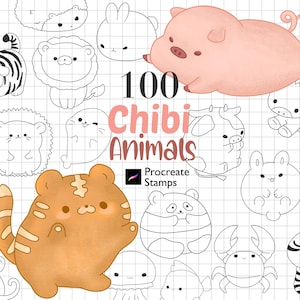 Puede incluir: Un conjunto de 100 dibujos en blanco y negro de animales chibi lindos, con algunos ejemplos en color. El texto "100 Chibi Animals" está en rosa y el texto "Procreate Stamps" está en morado.