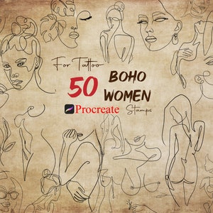 50 Boho Women Procreate Stamps: Line Art Tattoo Guides (Digital Download)