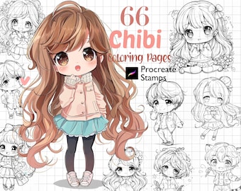 Procreate Chibi Stamps | 66 Kids Coloring Pages Base Pose Brushes