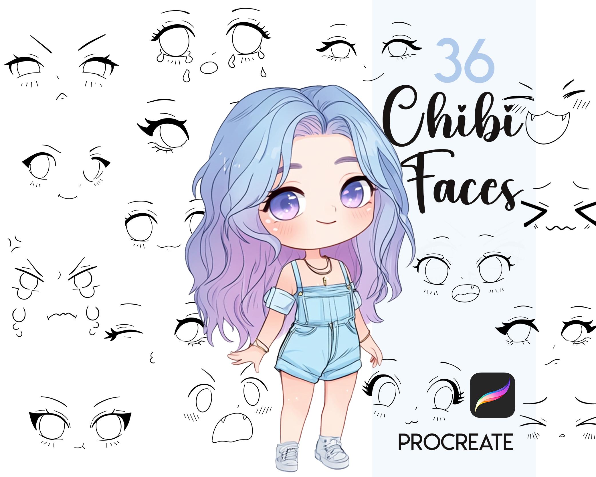 Sellos de caras chibi para Procreate – 36 guías de rostros chibi para dibujo de manga/anime en iPad