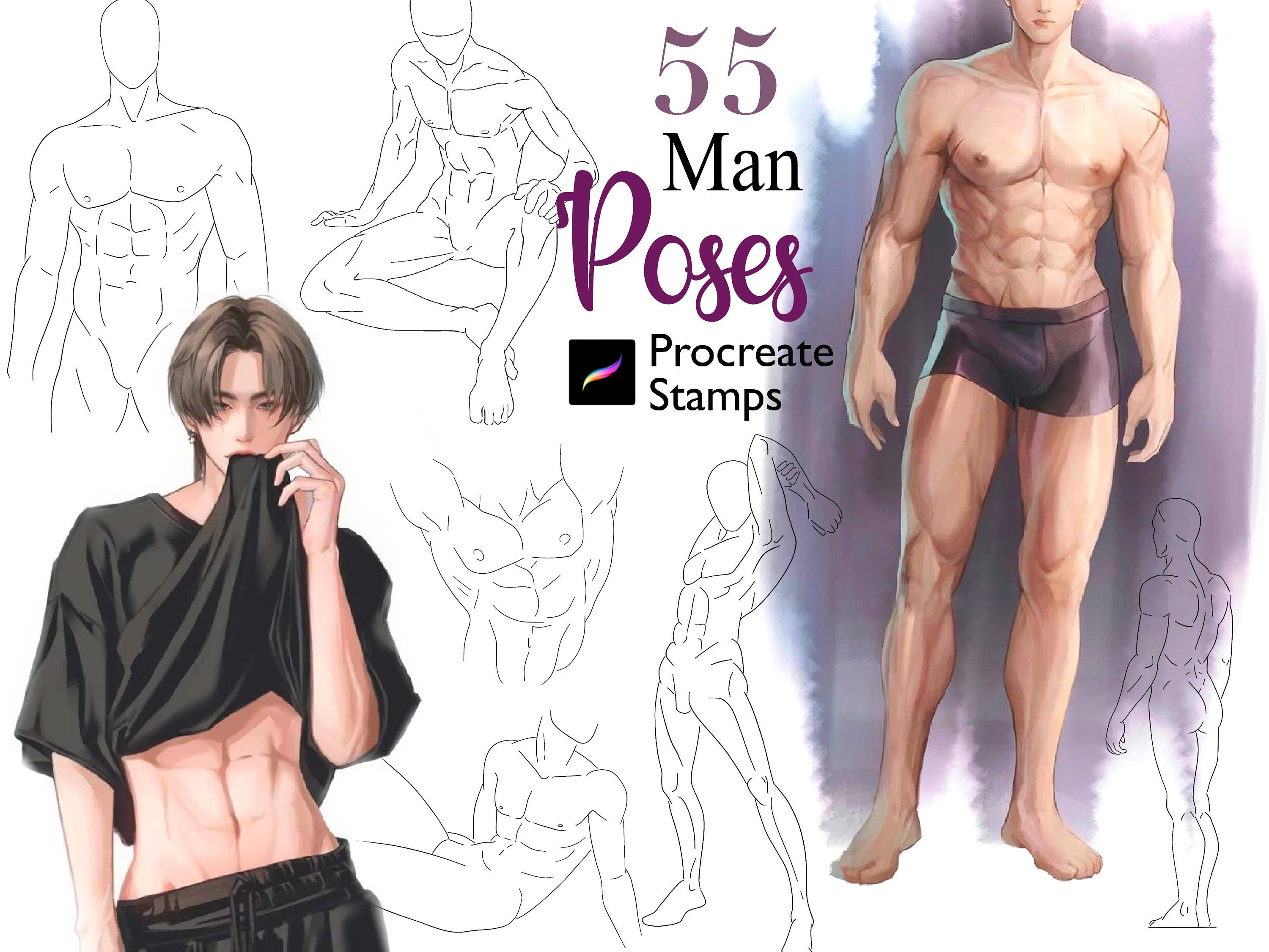Procreate Anime Poses Stamp Brush 25 Manga Pose Procreate Man Body Guides  Anatomy Body Procreate Manga Character Figure Procreate Men Poses 
