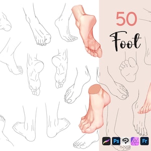 Puede incluir: Ilustración de 50 poses de pies en varias perspectivas. Algunos son dibujos lineales detallados, otros están renderizados con color y sombreado. La palabra "Foot" está escrita en negrita, en negro, con el número "50" encima en rosa.