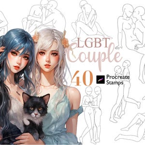 Op de afbeelding: Een digitale illustratie van twee vrouwen met lang haar, een met blauw haar en een met wit haar, die een zwarte kat vasthouden. De tekst "LGBT Couple 40 Procreate Stamps" staat op de achtergrond.