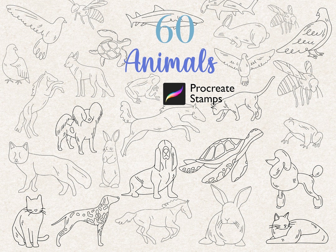 60 Procreate Animal Stamps Brush Procreate Line Art Animals Etsy