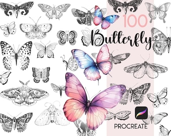 Op de afbeelding: Een verzameling van 100 vlinderillustraties in zwart-wit en aquarel. De vlinders zijn in verschillende poses en maten. De tekst "100 Butterfly" is geschreven in een groot, decoratief lettertype. De tekst "Procreate" is geschreven in een kleiner lettertype onderaan de afbeelding.