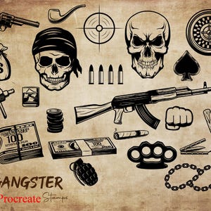 Procreate Gangster Stamp Brush Set: Skull, Gun, Money, Tattoo (Digital Download)