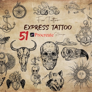 Może przedstawiać: Zbiór 51 stempli Procreate z różnymi wzorami tatuaży. Ilustracje obejmują czaszkę, wilka, motyla, słońce i inne symbole gotyckie i okultystyczne. Widoczny jest również tekst "EXPRESS TATTOO".