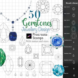 以下が含まれることがあります： プロクリエイトスタンプとして作成された、ジュエリーデザイン用の50種類の宝石の形。画像には、オーバル、ティアドロップ、ペアなど、さまざまな形が示されており、サイドバーに名前とサイズがリストされています。