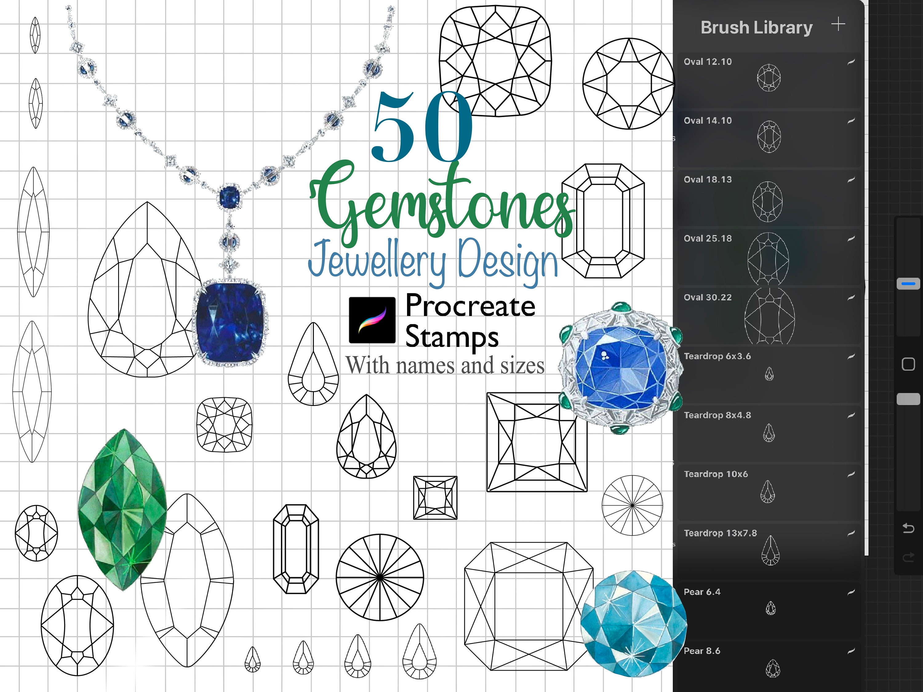 50 sellos de gemas para Procreate – Set de pinceles realistas de joyería y cristales de diamante