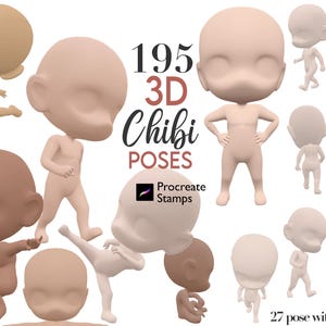 May include: 195 3D Chibi Poses Procreate Stamps. A collection of 27 poses with 7 views each, featuring a variety of poses for a chibi character.