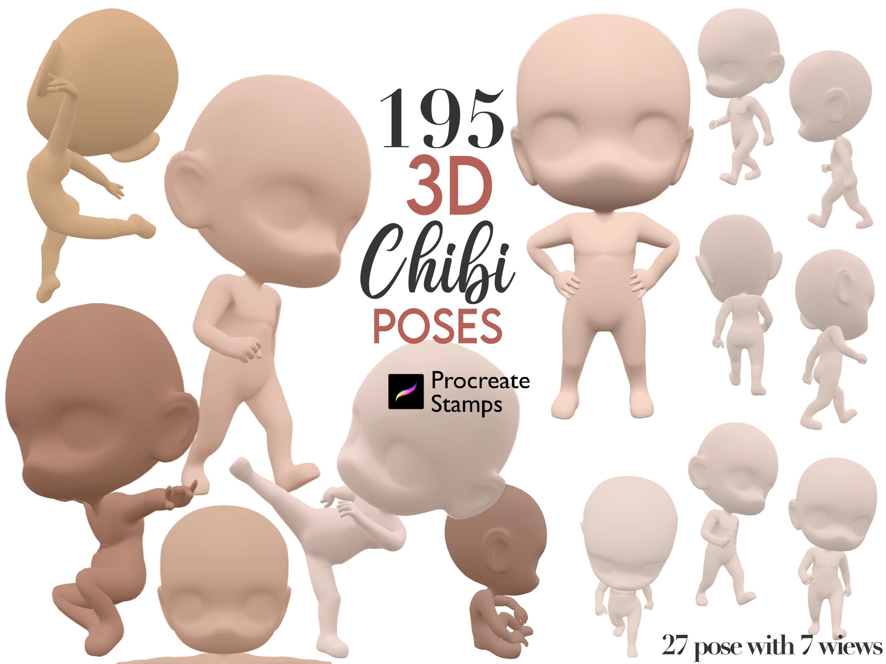 Sellos de poses chibi 3D para Procreate – Guías de base chibi y pinceles de referencia de personajes (195 pinceles)