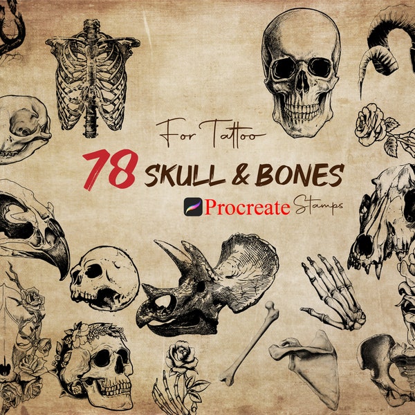 78 Procreate Skull And Bones Stamps, Skull For Tattoo, Animal Skull Stamp, Human Bones Stamps, Witch Brushes, Horror Tattoo Stamps