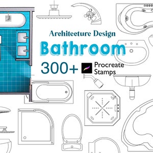 Puede incluir: Un conjunto de más de 300 sellos de Procreate para el diseño de baños. Los sellos incluyen varios accesorios de baño, como lavabos, inodoros, bañeras, duchas y grifos. Los sellos son en blanco y negro y están diseñados para ser utilizados en arte y diseño digital.