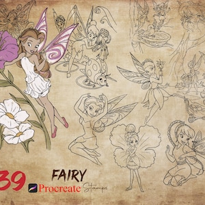 May include: A set of 39 digital stamps featuring fairies with wings, flowers, and other whimsical elements. The stamps are designed for use with the Procreate app.