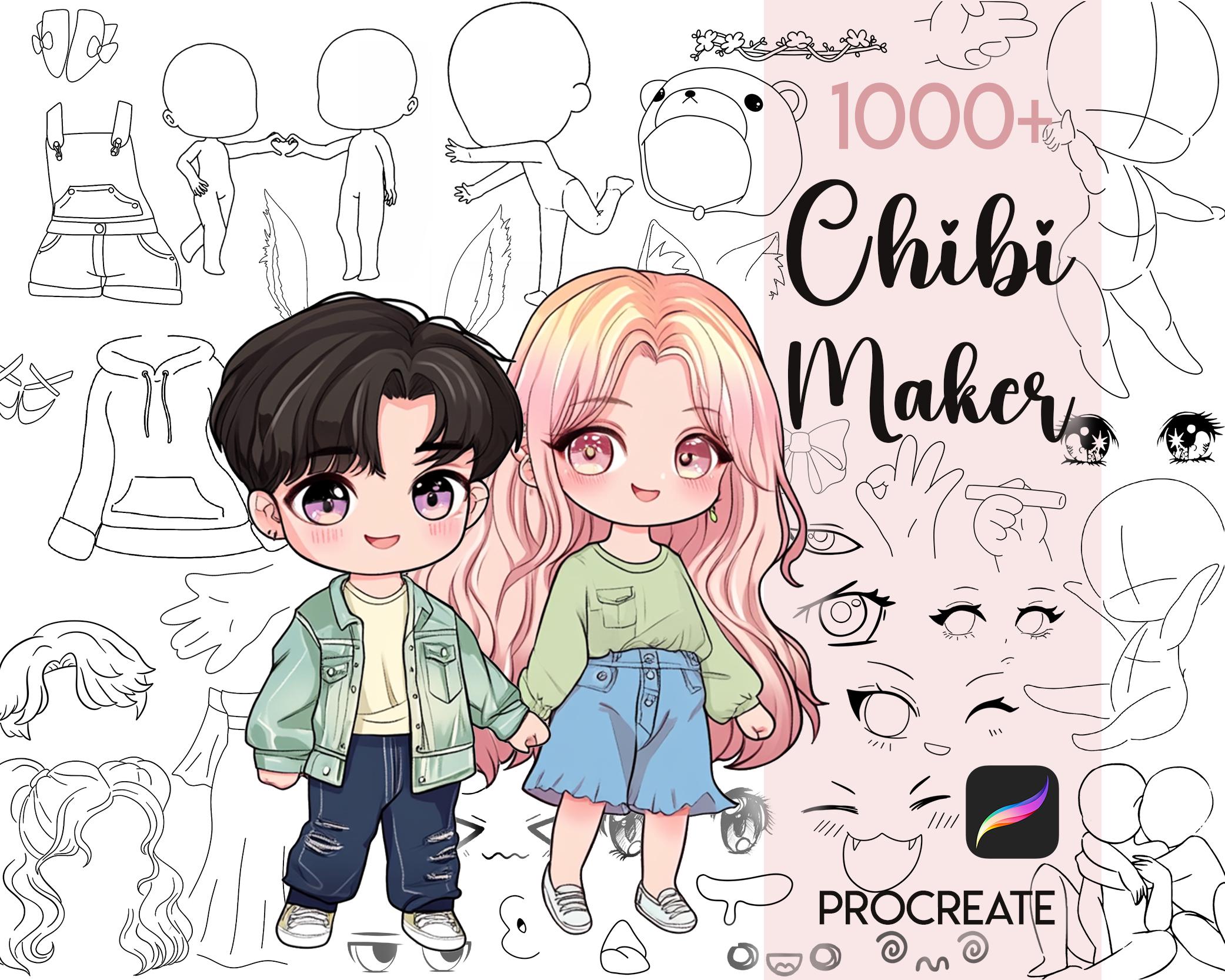 Mega Chibi Maker Procreate Stamps — 1.034 guías chibi para cuerpos, caras, pelo, ropa y accesorios