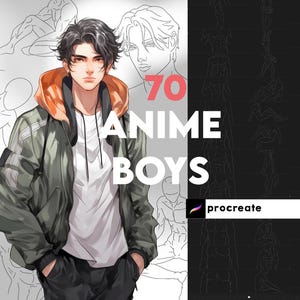 70 Anime Boy Procreate Stamps: Manga Character Drawing Guides (Digital Download)