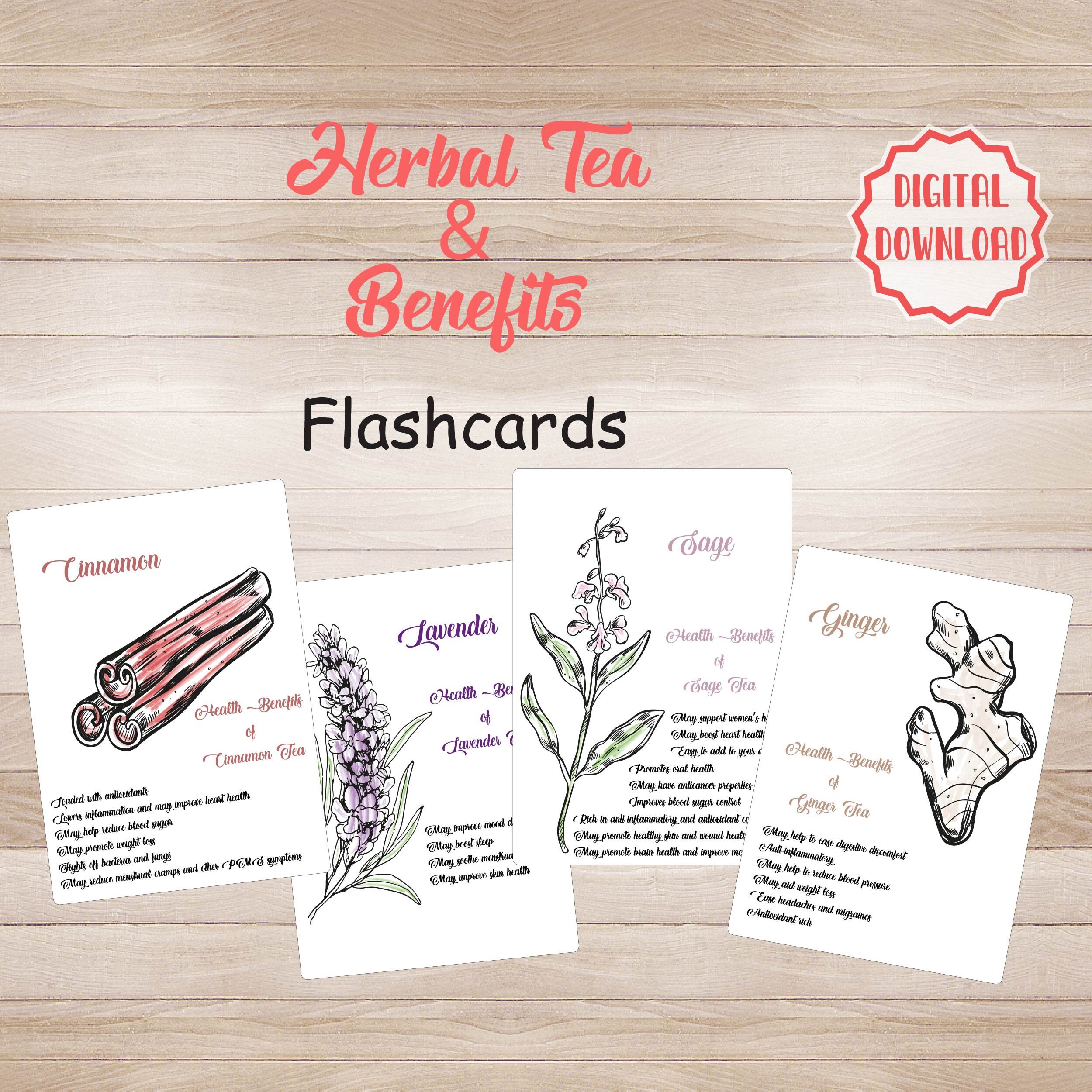 Flashcards15 Herbal Tea Benefits Printable Cards Digital Etsy