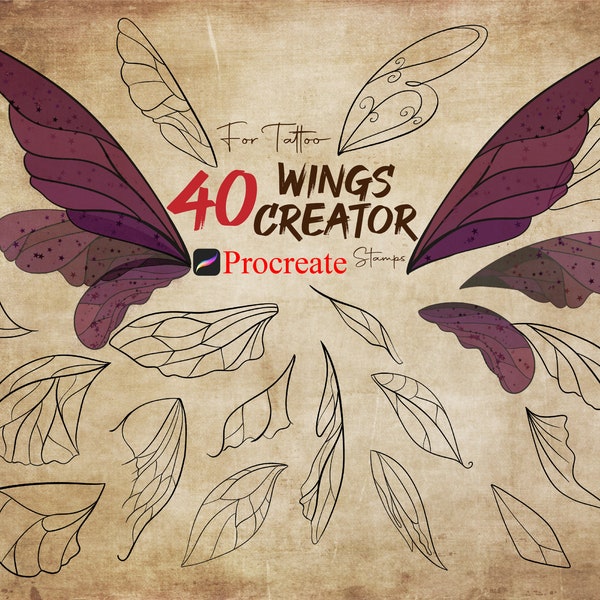 40 Procreate Wings Creator Stamps, Wings Maker Stamps, Fairy Wings Brushes, Wings For Tattoo, Procreate Tattoo Stamp, Butterfly Wings Stamps
