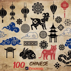 100 kinesiska tatueringsstämplar för Procreate: Asiatiska konstpenslar (digital nedladdning)