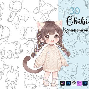 Puede incluir: Una ilustración digital de un personaje chibi con orejas de gato y cola, vistiendo un suéter de punto trenzado color crema. El personaje tiene cabello castaño trenzado con cintas coloridas. El fondo presenta 30 bocetos lineales de figuras chibi.