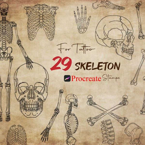 29 Procreate Skeleton Stamps, Human Bones Stamps, Human Anatomy Bundle, Skull For Tattoo, Gothic Stamps, Witch Brushes, Horror Tattoo Stamps