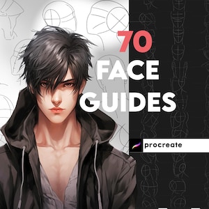 May include: A digital illustration of a man with black hair and a black jacket. The image is surrounded by 70 face guides for drawing, with the text "70 FACE GUIDES" and "procreate" in white.