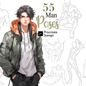 55 Procreate Man Poses Stamps Man Body Guides Brushes Character Maker Boy Figure Stamp Model Stamp Anime Maker Stamp Men Tors Anatomy Manga