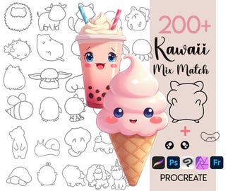 Procreate Kawaii Stamps - Kawaii Character Maker, Cartoon Creator, ClipStudio Photoshop Brushes for ipad
