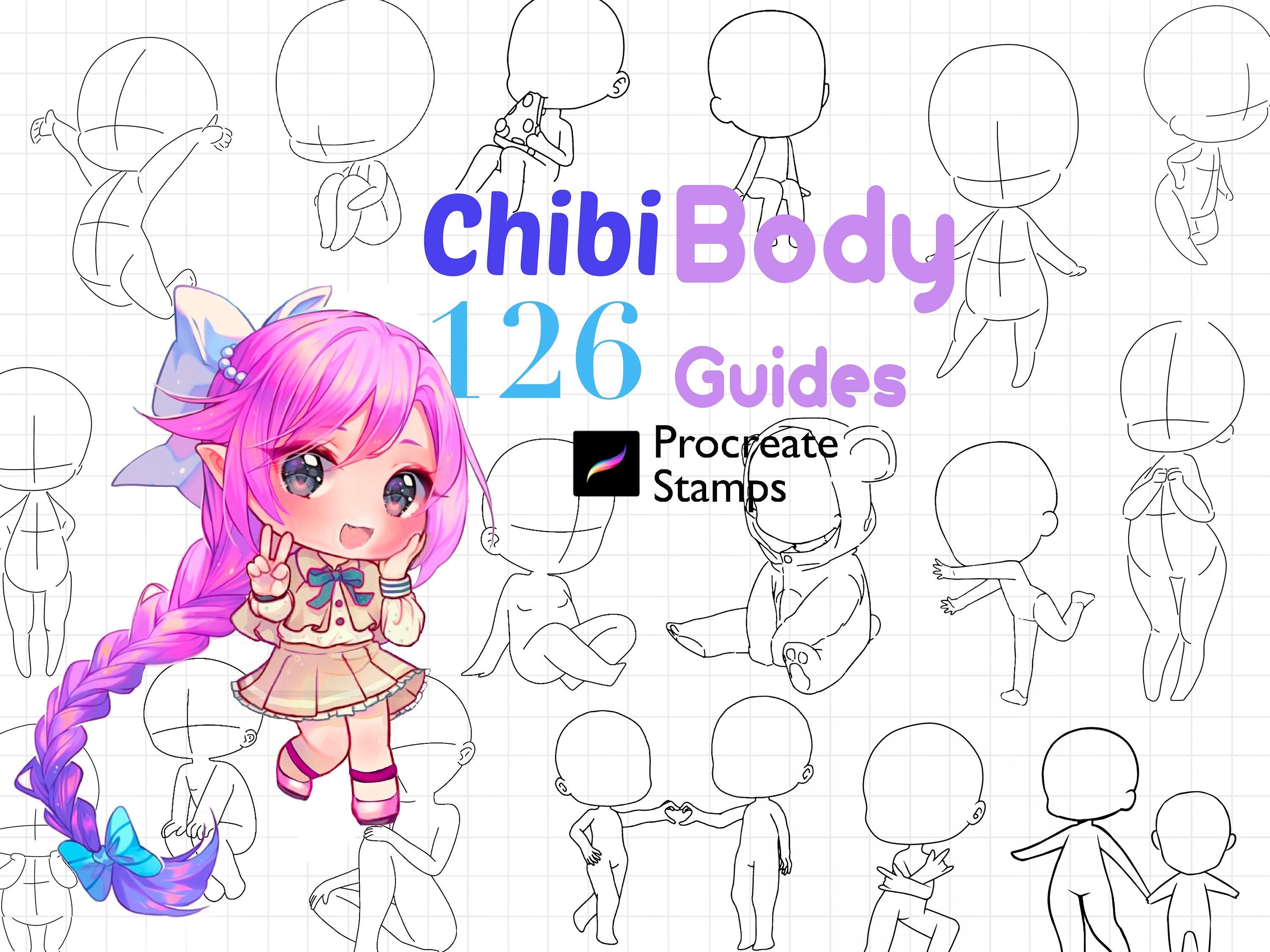 Procreate Chibi Base Chibi Pose Anime Chibi Stamp Guide Chibi Reference  Chibi Doll Procreate Pose Female Character Template P2U Base 