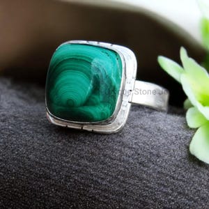 Natural Malachite Ring Statement 925 Sterling Silver Ring Handmade Gemstone Jewelry Cushion Shape 12mm Silver Ring