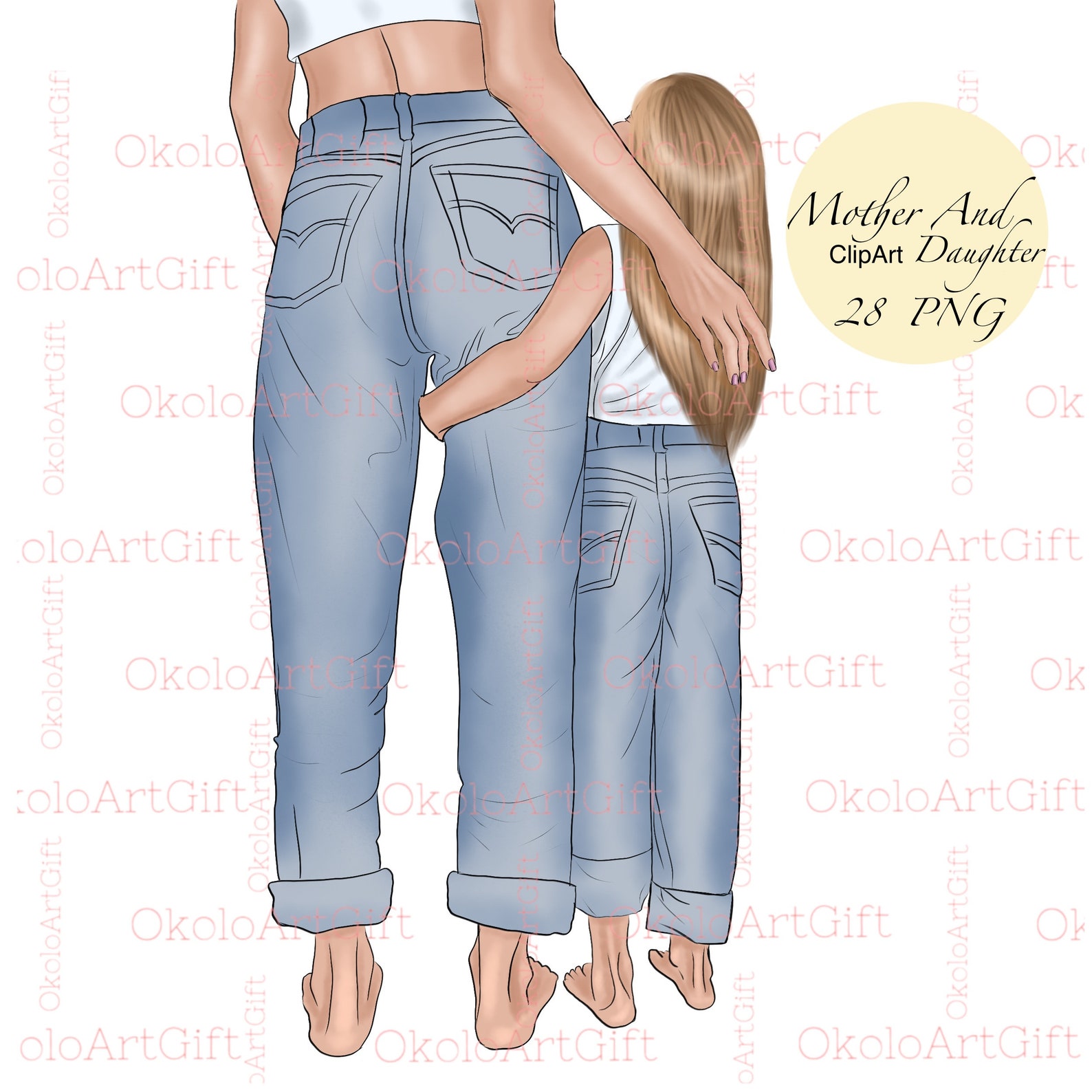 Daughter who hugging her Mother wearing jeans clipart | Etsy