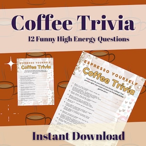 Kaffee-Trivia-Spiel: Internationaler Kaffeetag, Brautparty, Babybrauen, Büro-Eisbrecher (Instant Download Quiz)