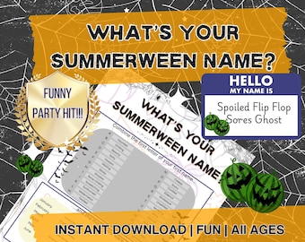 Summerween の名前ゲーム: 印刷可能な 7 月のハロウィーン パーティー (すぐにダウンロード可能)