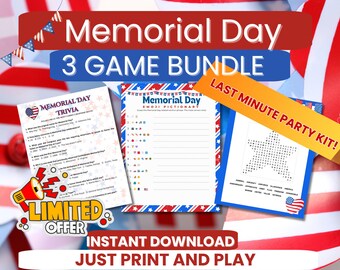 Memorial Day Game Bundle: Trivia, Emoji Pictionary, Word Search (Instant Download)