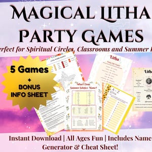Op de afbeelding: Een verzameling afdrukbare partyspellen met de titel "Magical Litha Party Games". De spellen omvatten een woordzoeker, een "Dit of Dat"-spel, een naamgenerator en een informatieblad. De achtergrond is een verloop van roze en paars.