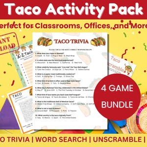 Taco Tuesday Game Bundle: Trivia, Word Search, A-Z (Printable PDF)