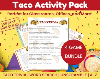 Taco PVC Game Bundle: Trivia, Wortsuche, A-Z (druckbare PDF)