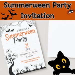 May include: A white invitation card with black and orange text for a "Summerween Party" on July 21st. The invitation features a spooky tree, bats, and a ghost. The text reads "Join us for a Summerween Party, 21 July, 103 Anywhere St., Any City, At 9:00 PM, Step into our haunted abode for a night of frightful fun."