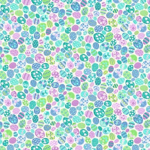 May include: A seamless pattern of colourful Easter eggs with various floral and geometric designs. The eggs are in shades of blue, green, pink, and white, creating a festive and cheerful background.