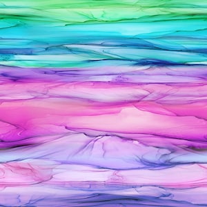 May include: Abstract artwork with layered bands of colour. The image transitions from teal and green at the top, through turquoise and pink, to purple at the bottom. The colours blend and overlap, creating a flowing, watercolour-like effect.