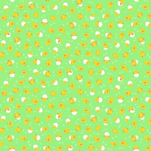 May include: A seamless pattern featuring yellow chicks and white eggshells on a light green background. The chicks are depicted in a cartoon style with small beaks and legs. The eggshells are cracked open, revealing the chicks inside.